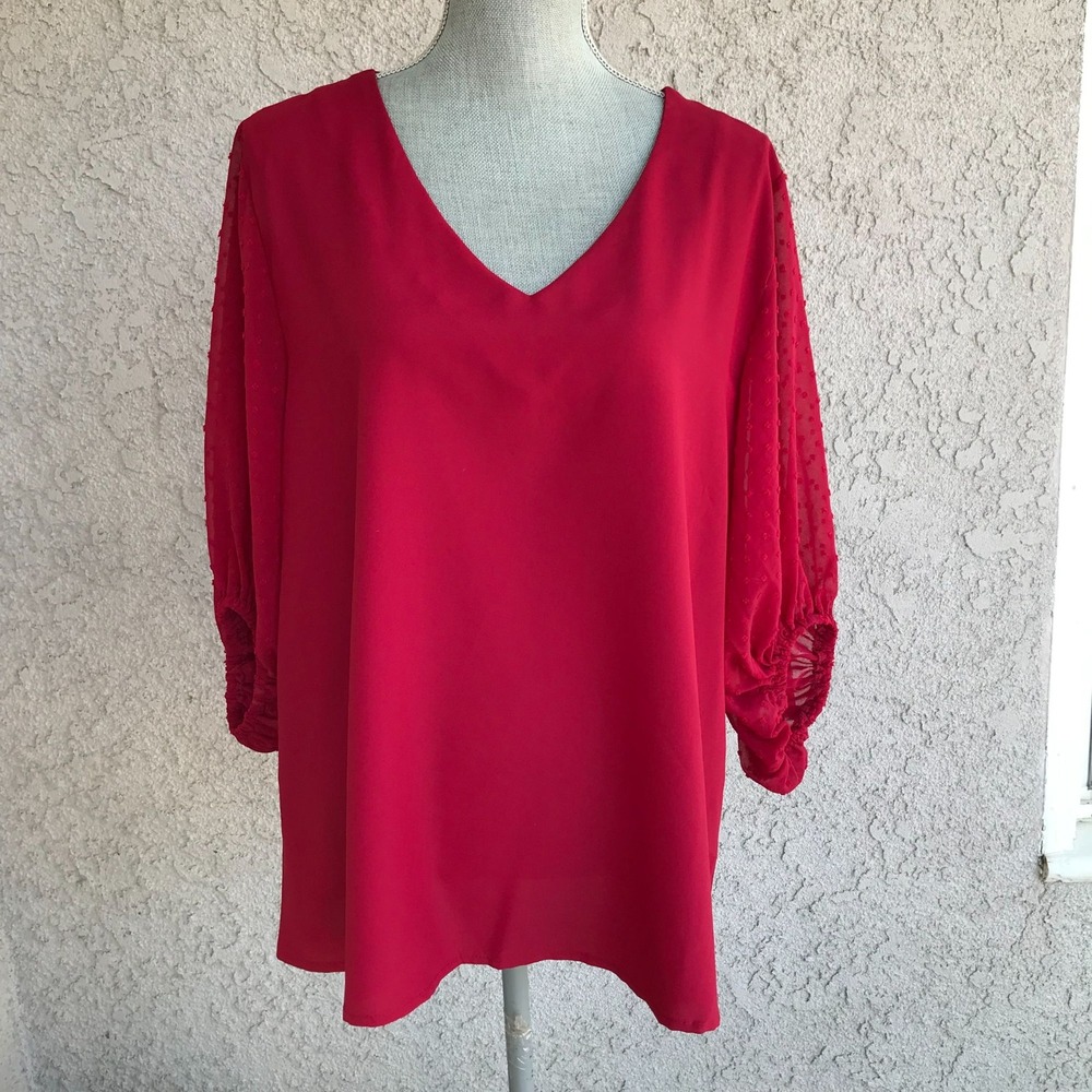 Women's Red Blouse Sheer Polkadot Sleeves V-Neck Dressy Classy Top - XL